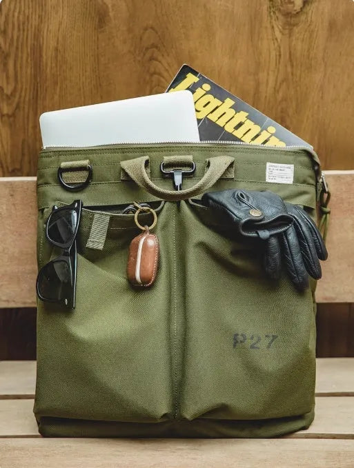 Marden Tooling Helmet Canvas messenger bag in charcoal black with crossbody strap and zipper closure