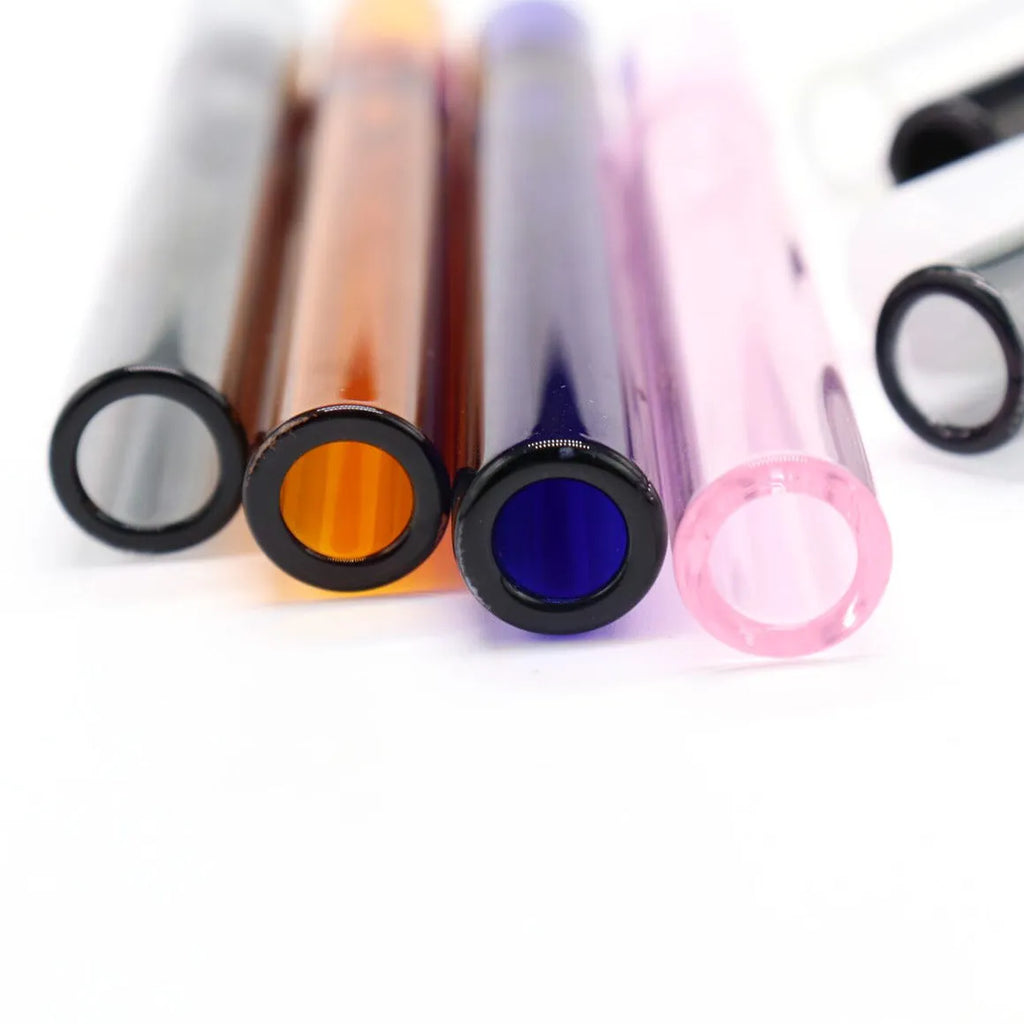 Clear glass telescopic smoke pipe with straight design and pink tint showing suction nozzle
