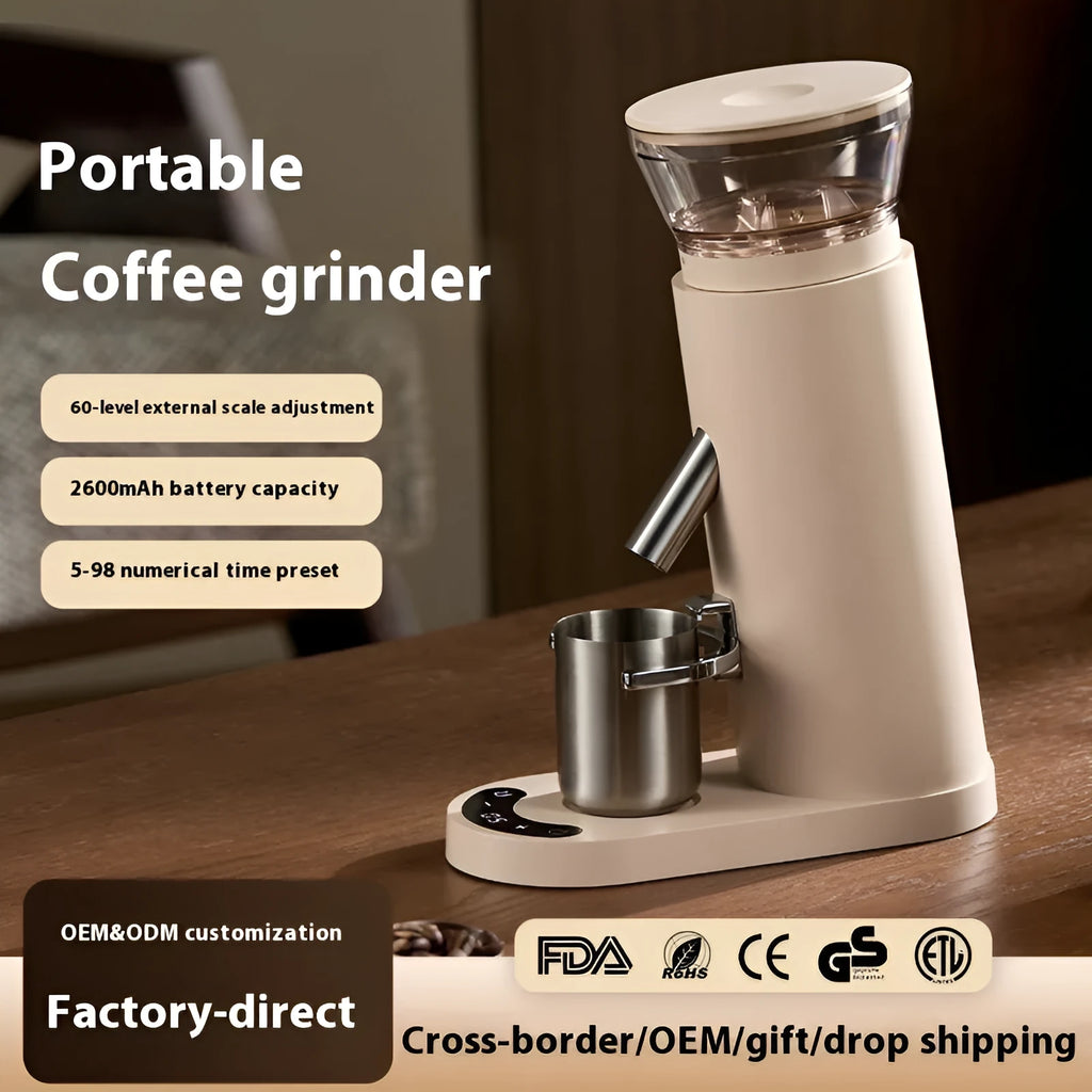 Automatic electric coffee grinder machine in stainless steel with 0.5L capacity.