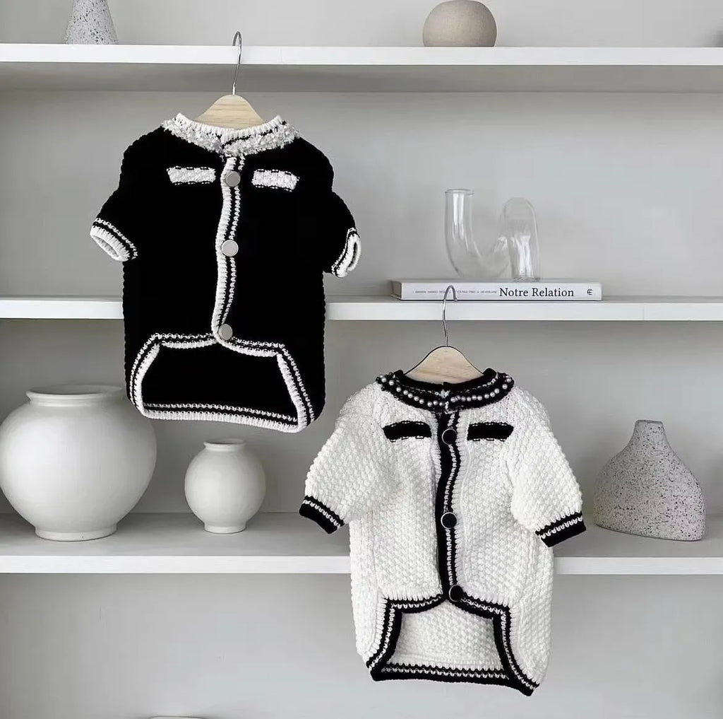 Korean style white puppy sweater with pearl collar detail on small dog, princess design pet clothing