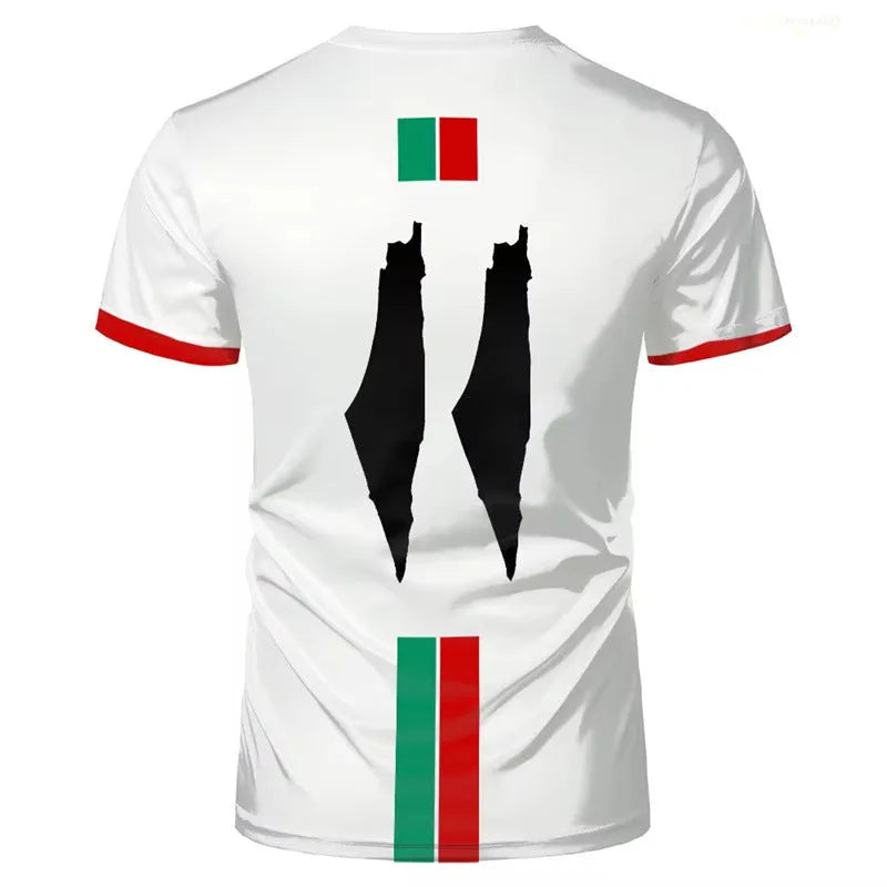 Black and white football t-shirt with 3D printed graphics, half sleeves, spandex fabric