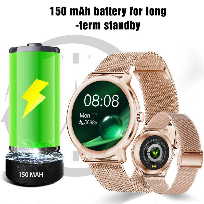 Women's waterproof smart watch with stainless steel mesh bracelet and 1.3 inch touch screen