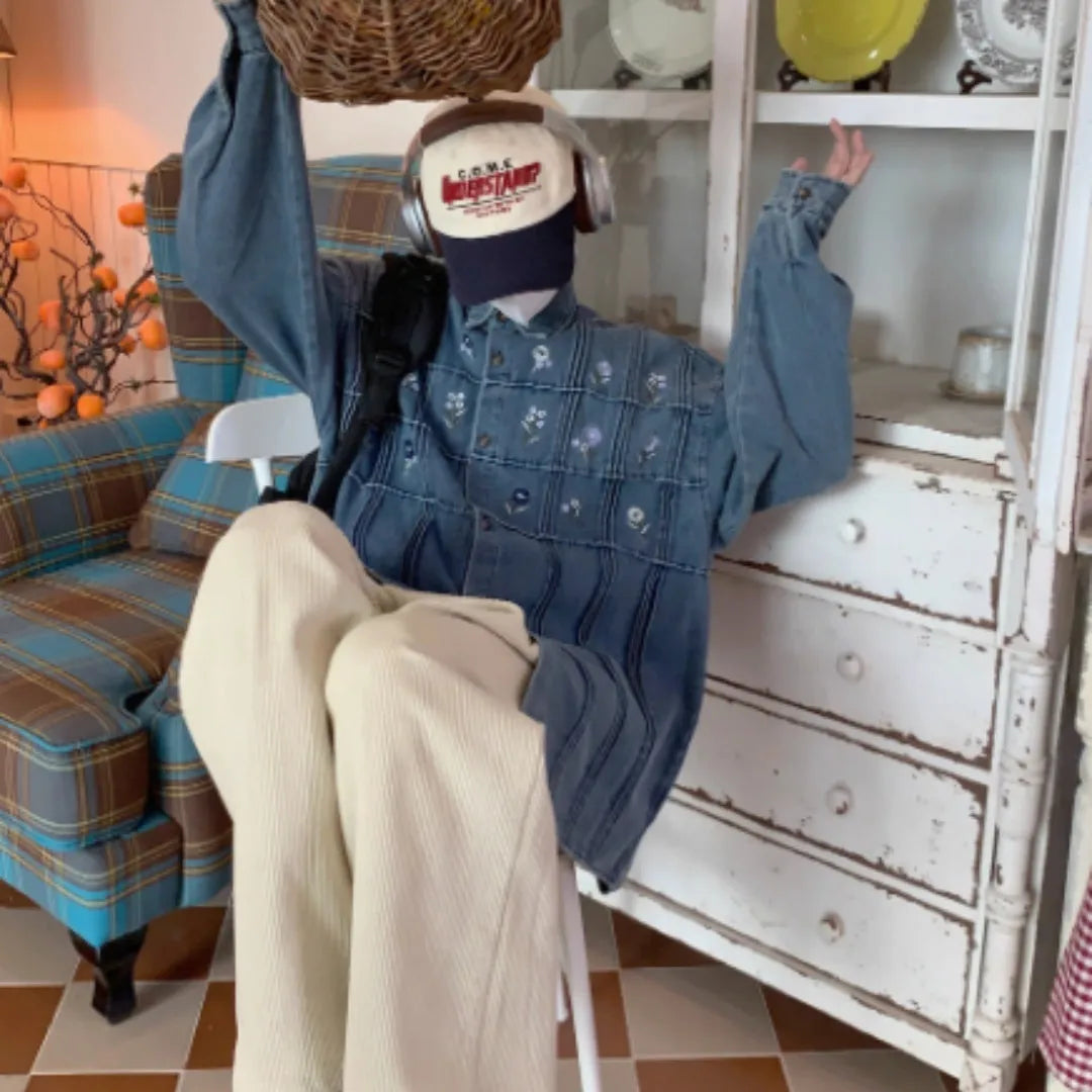 Vintage washed blue denim long sleeve shirt with small floral print and pleated details.