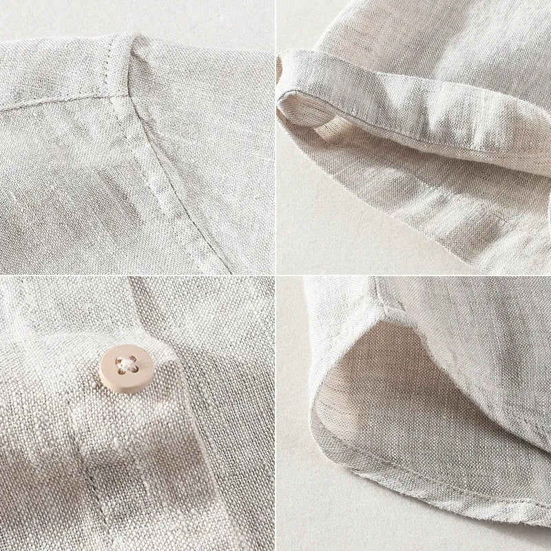 Men's linen short sleeve casual shirt with square collar in raw jute colour