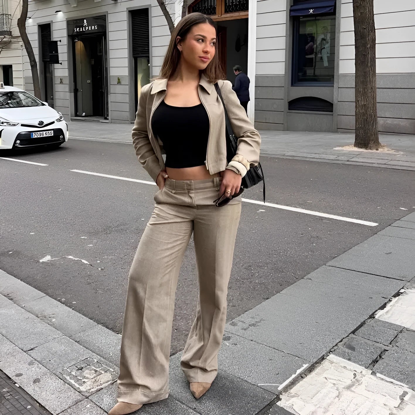 Women's summer street fashion suit set with 3D herringbone pattern jacket and matching straight-leg trousers