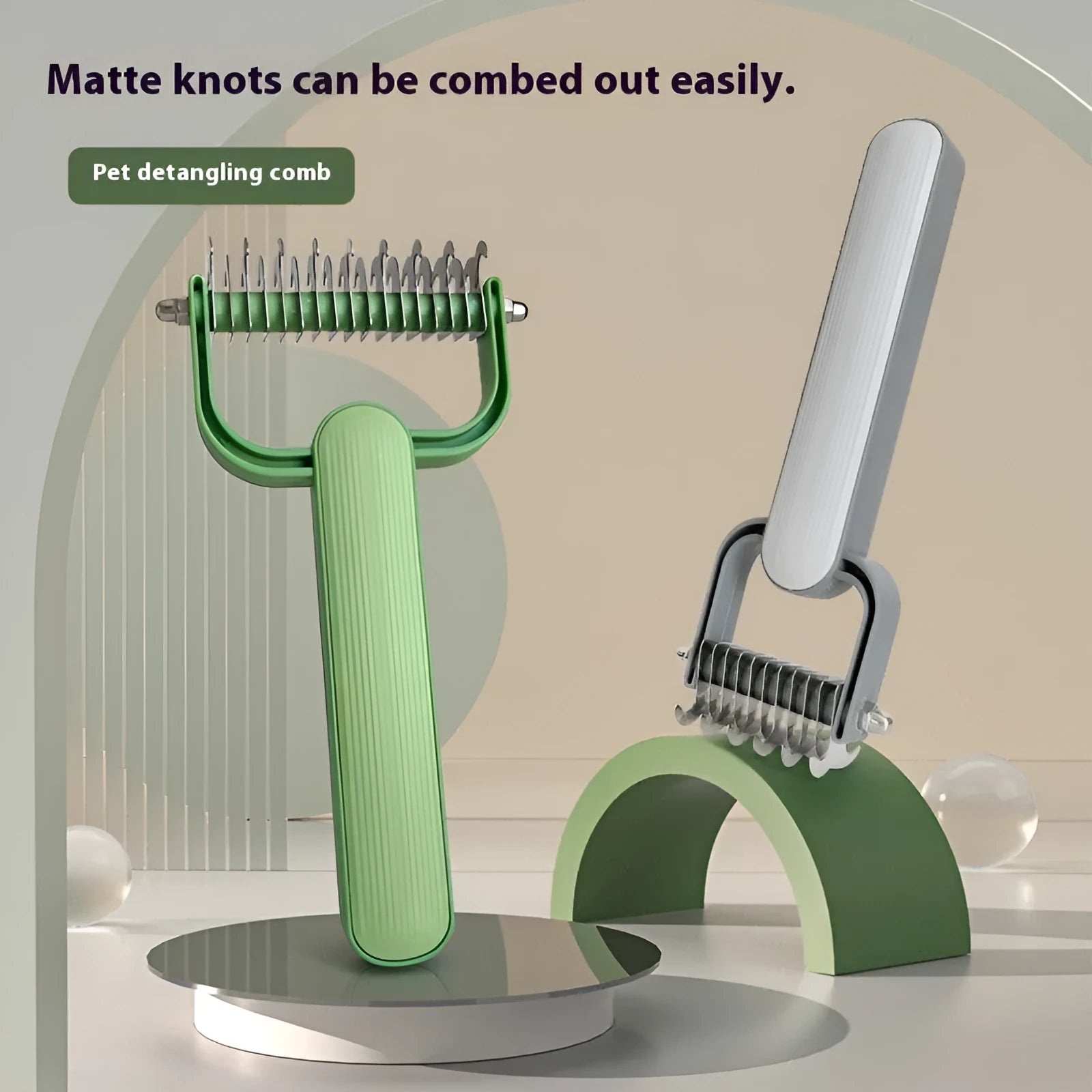 Green pet unknotting comb with stainless steel teeth and plastic handle for dog grooming