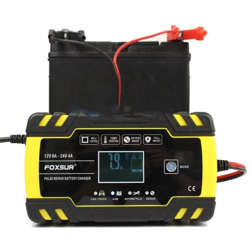12V 24V battery charger for motorcycles cars trucks with screen display and overcharge protection