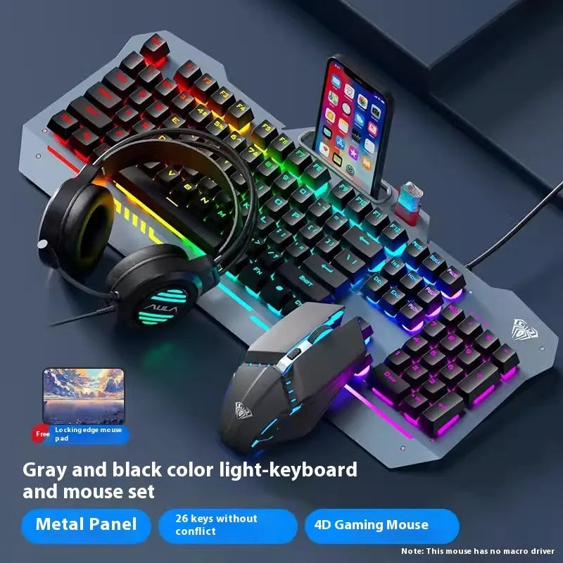 F3010 black and white metal gaming keyboard, mouse, and headset bundle with single-colour LED backlighting.