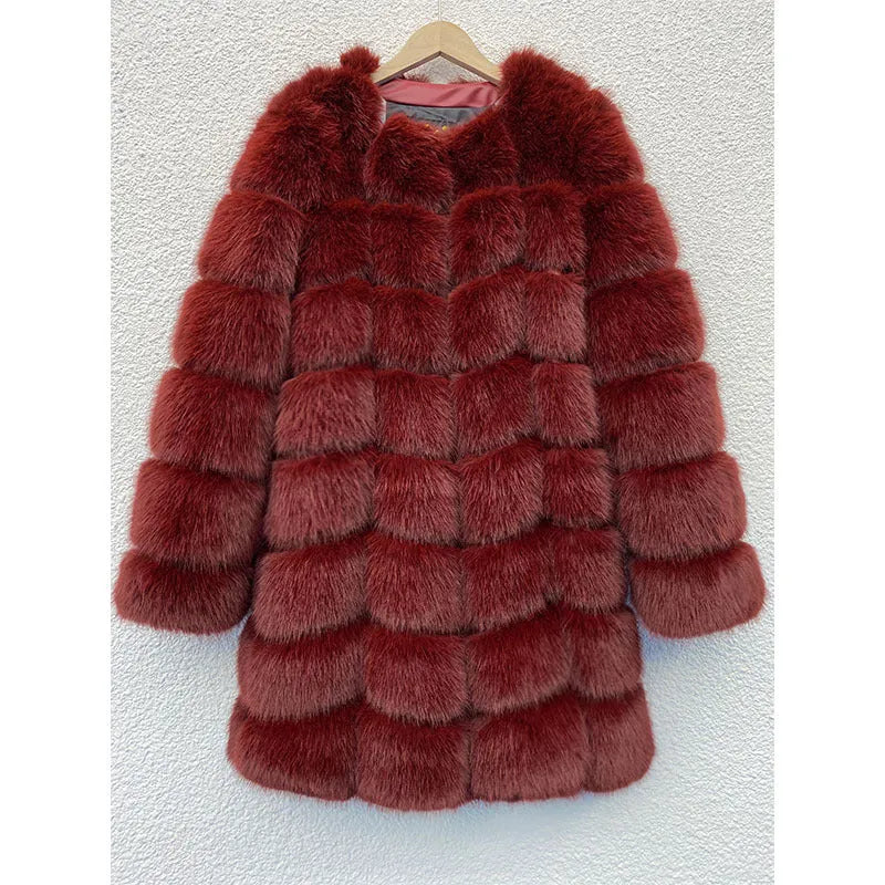 Women's thick artificial fur coat in five colour options with 80cm length and regular sleeves