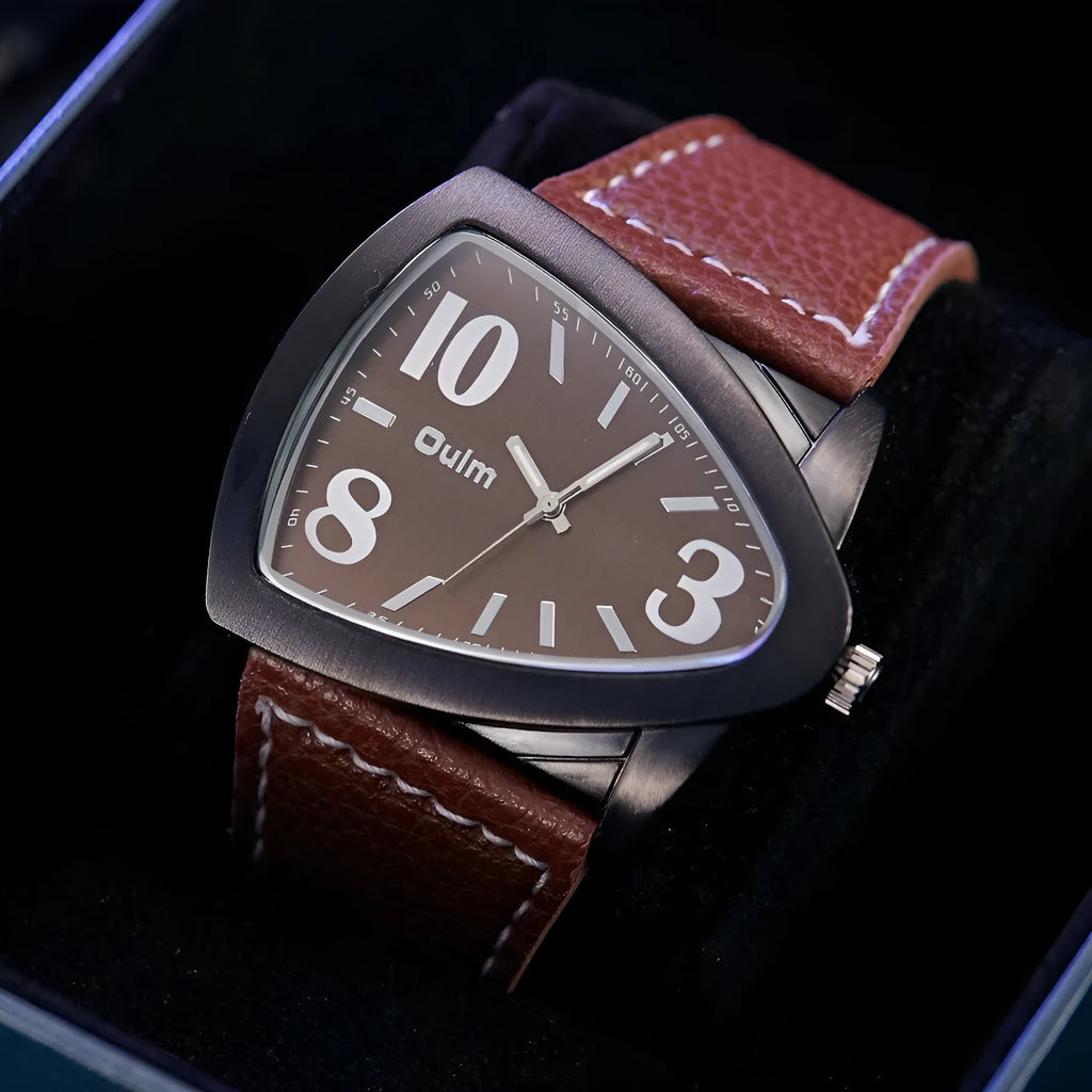 Men's brown casual watch with a patterned triangle belt strap and quartz dial.