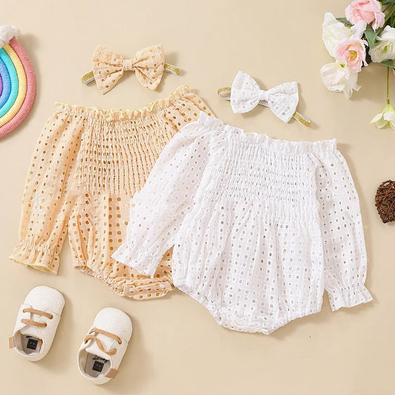 baby girl cotton mesh smocking long sleeve off shoulder two piece set apricot white 60-90cm