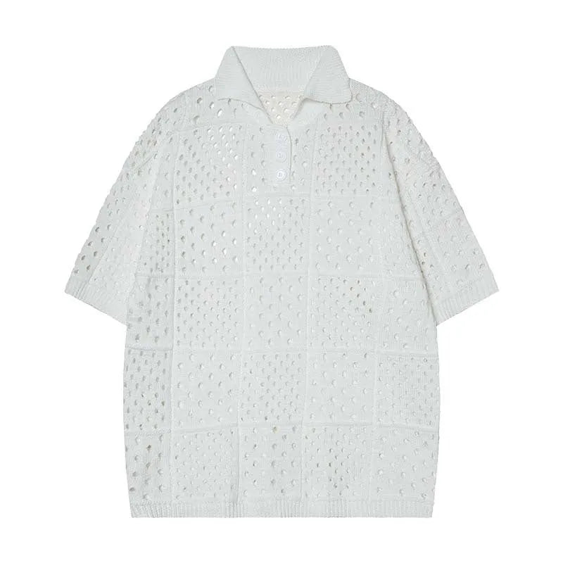 Solid colour short-sleeved polo shirt with loose fit design and hollow knit texture