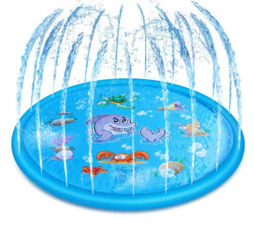 Blue PVC children's water spray play mat with marine animal designs for garden sprinkler play