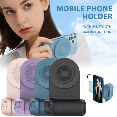 Black magnetic phone holder with ergonomic camera-style grip showing rotatable stand function
