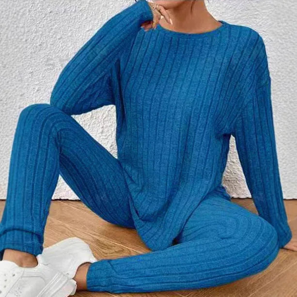 Women's black sunken stripe two-piece homewear set with matching trousers and top