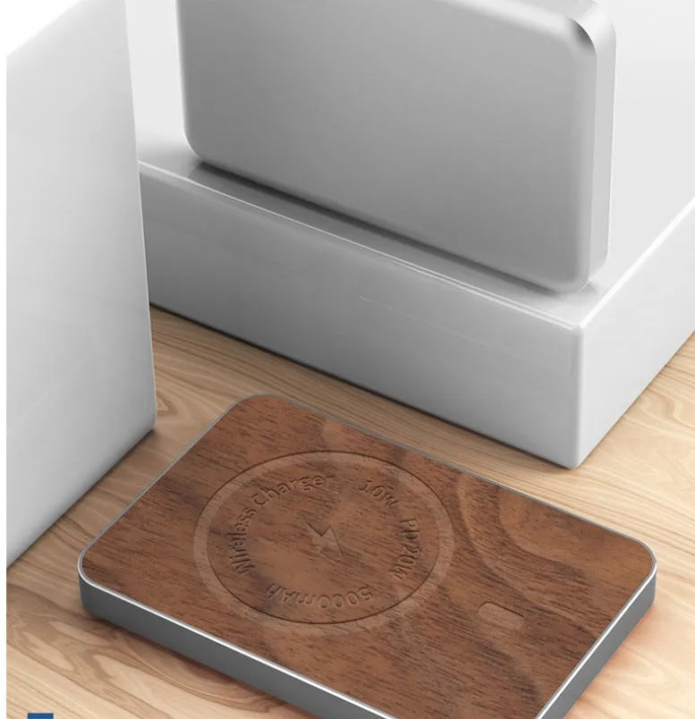 Khaki magnetic wireless charging bank 5000mAh with alloy shell and USB port