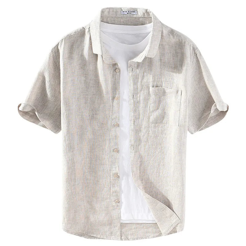 Men's linen short sleeve casual shirt with square collar in raw jute colour