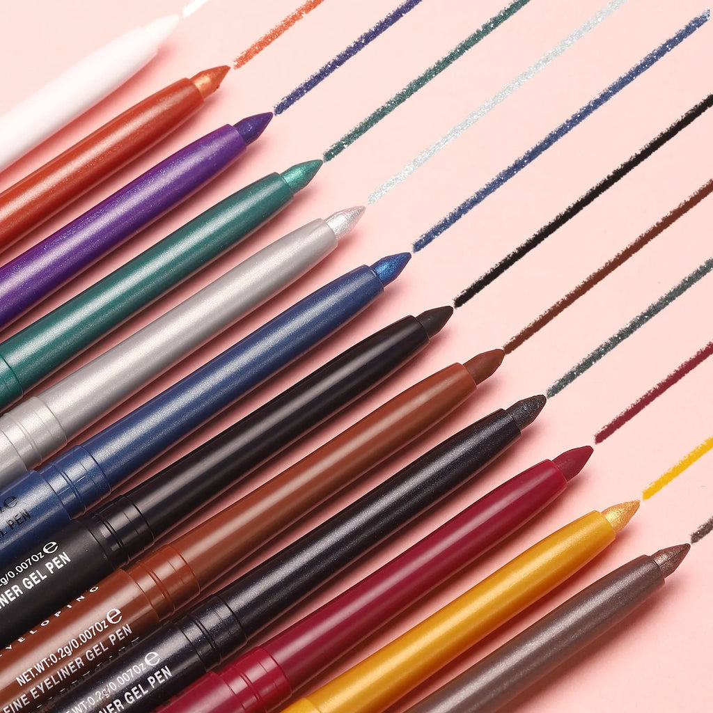 Set of 12 colourful gel glitter eyeliner pencils showing matte, metallic, pearl, and glitter finish effects