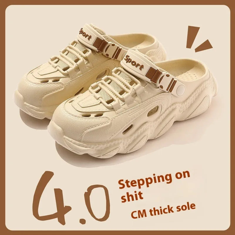 Men's khaki outdoor slippers with a breathable hollow-out design and textured EVA sole.