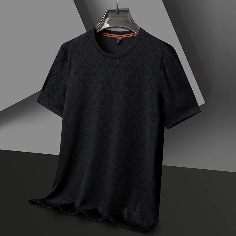 Men's round neck jacquard short sleeve t-shirt in ice silk fabric, loose fit casual pullover