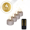 Four taupe-coloured LED tealight candles showing realistic flicker effect