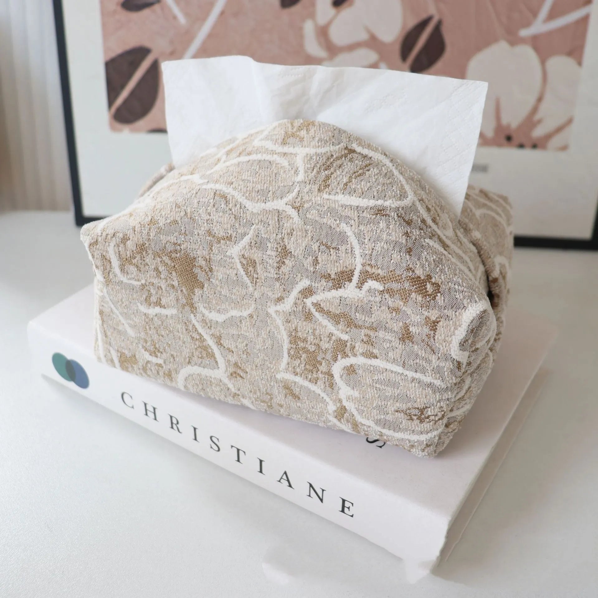 Cotton floral fabric tissue box cover in beige, blue, or brown, showing removable drawer.