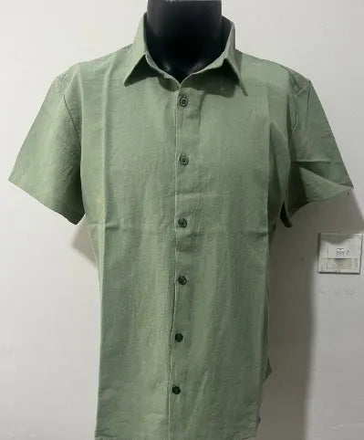Men's short sleeve linen shirt in loose fit with solid colour options including army green and fluorescent green