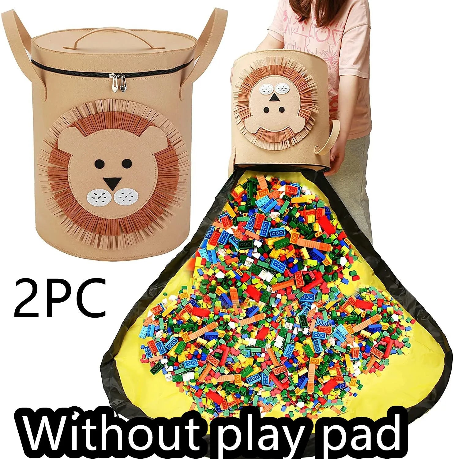 Green felt cube storage bag with a pull rope, laid flat as a play mat.