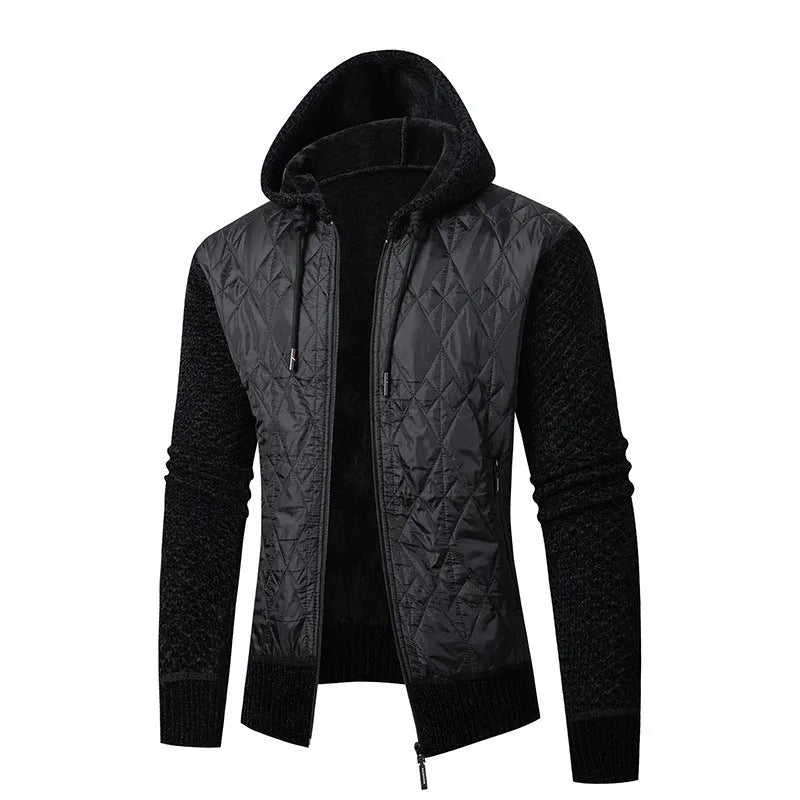 Men's grey hooded corduroy sweater coat with a cinched waist on a model.