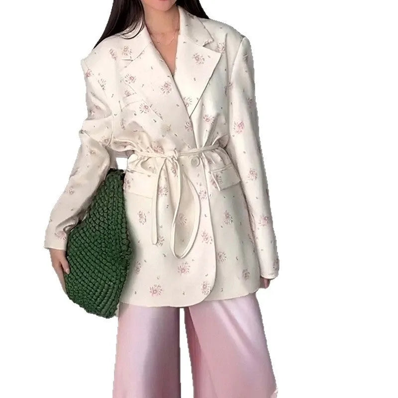 Women's collar lace-up waist-tight suit jacket in satin polyester, shown in apricot colour.
