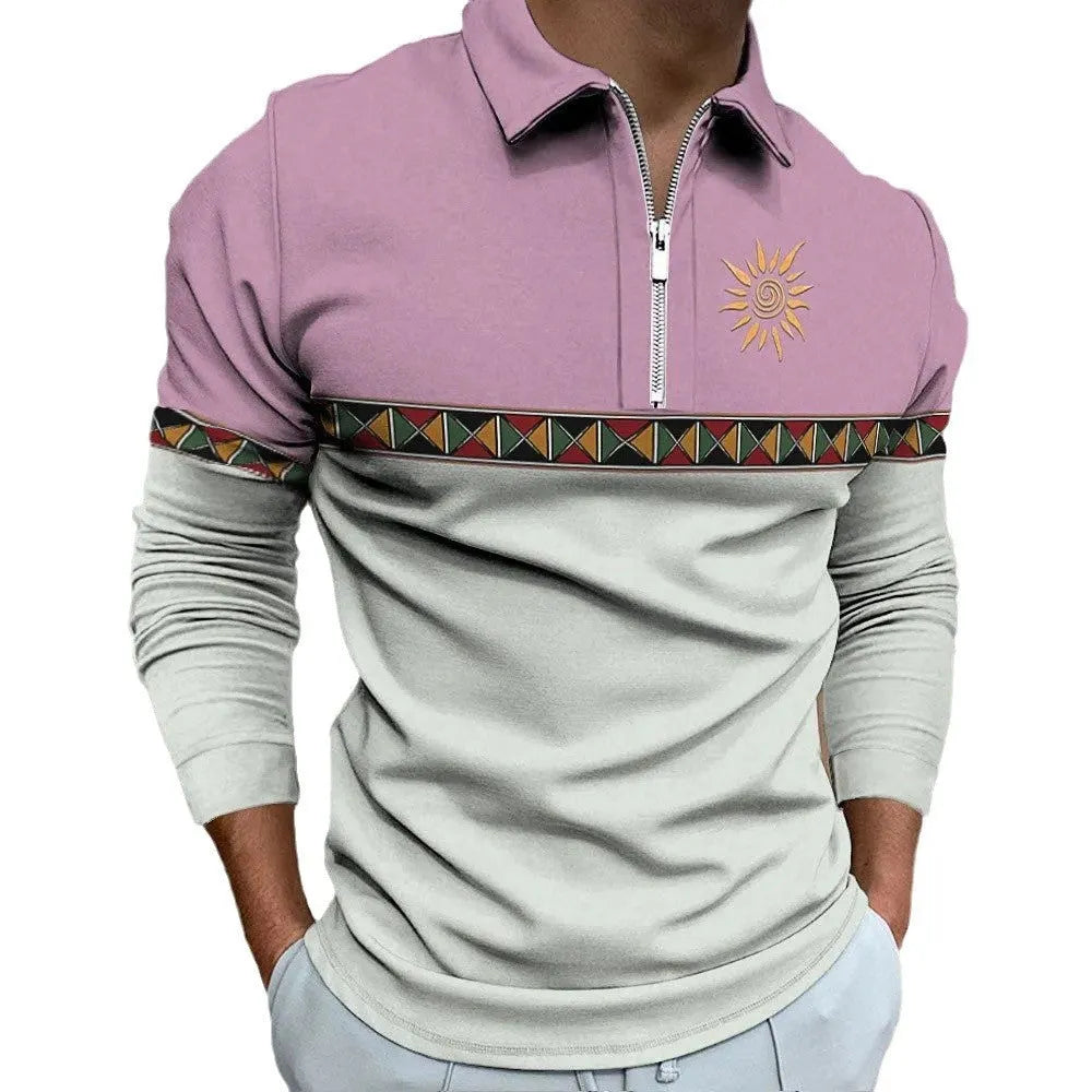 Man wearing a loose-fit, long-sleeve retro printed t-shirt with stripes and zipper decorations.