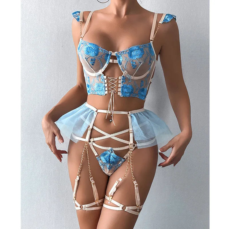 Light blue lace embroidered transparent push up bra set with mesh three-point style for women