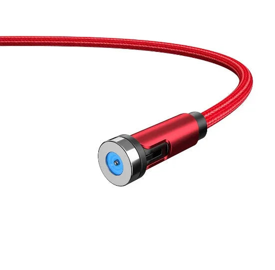 Essager black magnetic USB cable with rotating head and blue LED light, shown connecting to a phone.
