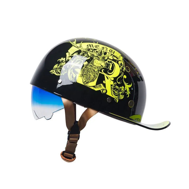 Men's retro electric bicycle half helmet in bright black with gradient blue lens