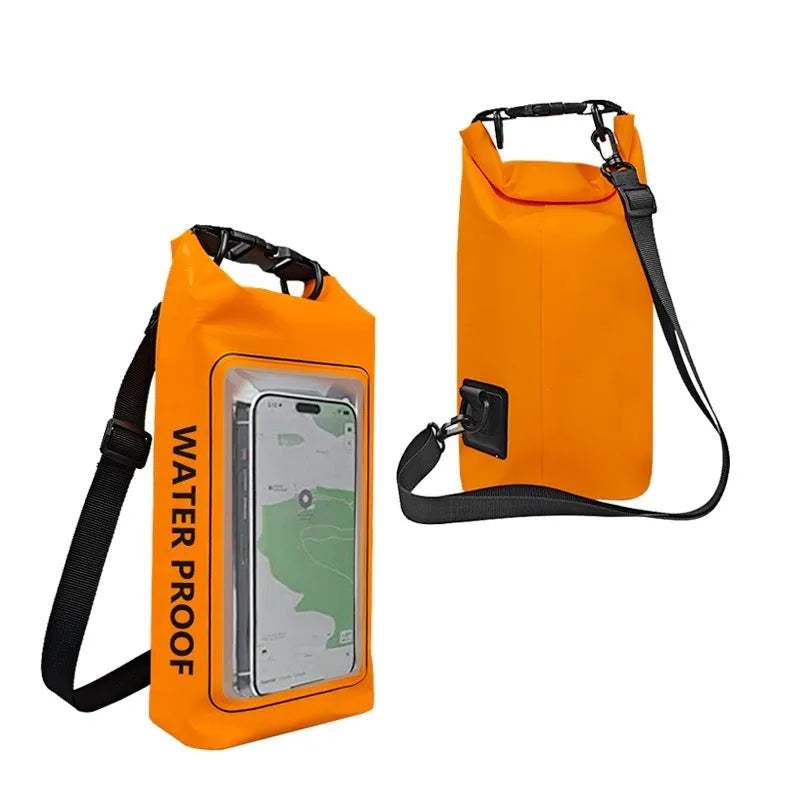 Black waterproof crossbody PVC bag for mobile phones, shown in 2L and 5L sizes.