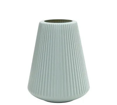 Colourful melamine plastic decorative flower vase measuring 16cm by 20cm on a desktop.