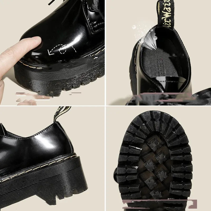 Women's black and white thick-soled leather shoes with lace-up closure and decorative straps