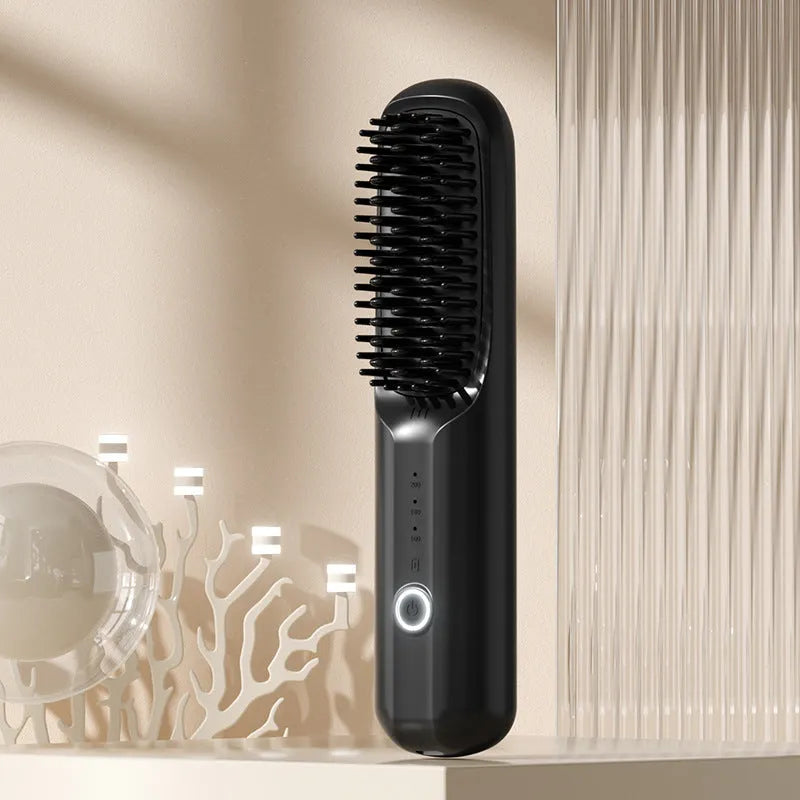 Beige wireless anion hair straightening comb on a table with Type-C cable.