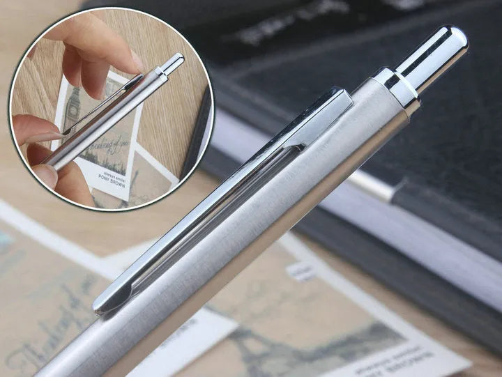 Metal automatic mechanical pencil shown with selection of compatible lead sizes including 0.5mm and 2.0mm.