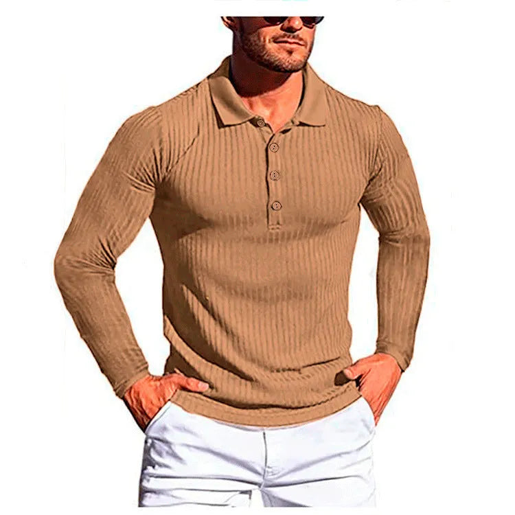 Man wearing a high elasticity slim knit summer shirt in a loose fit with short sleeves, shown in one of ten available colours.
