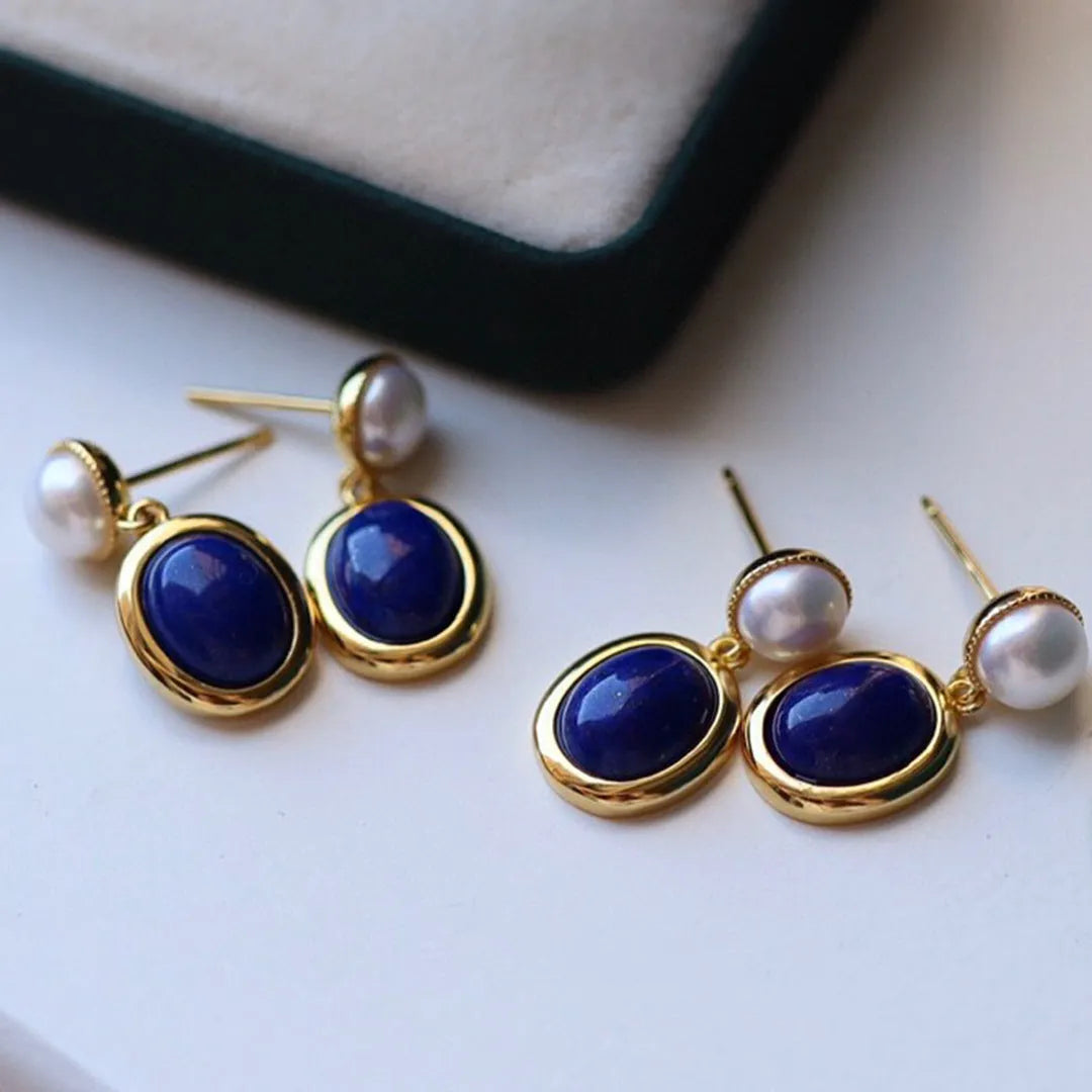 925 sterling silver earrings with natural lapis lazuli pearl and auspicious patterns