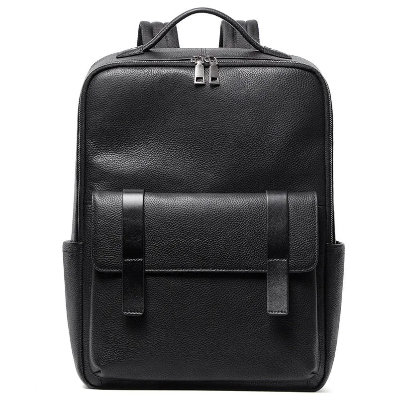 Black genuine leather men's computer backpack with woven details and ergonomic back plate