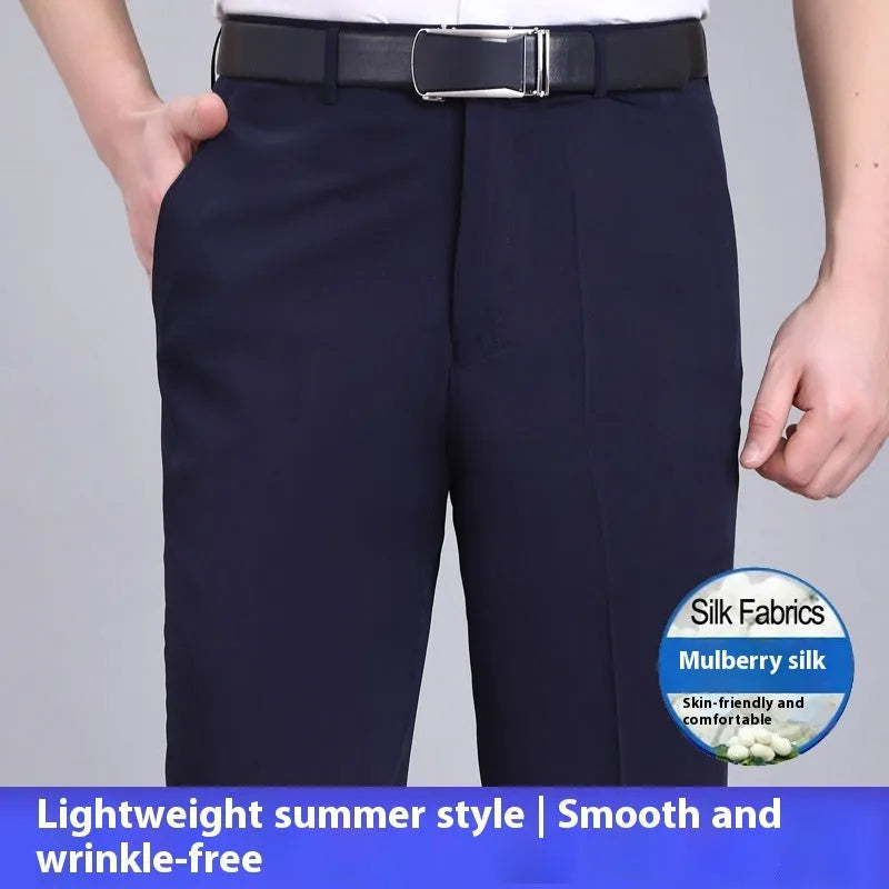 Men's mulberry silk blend business trousers in straight cut with high waist