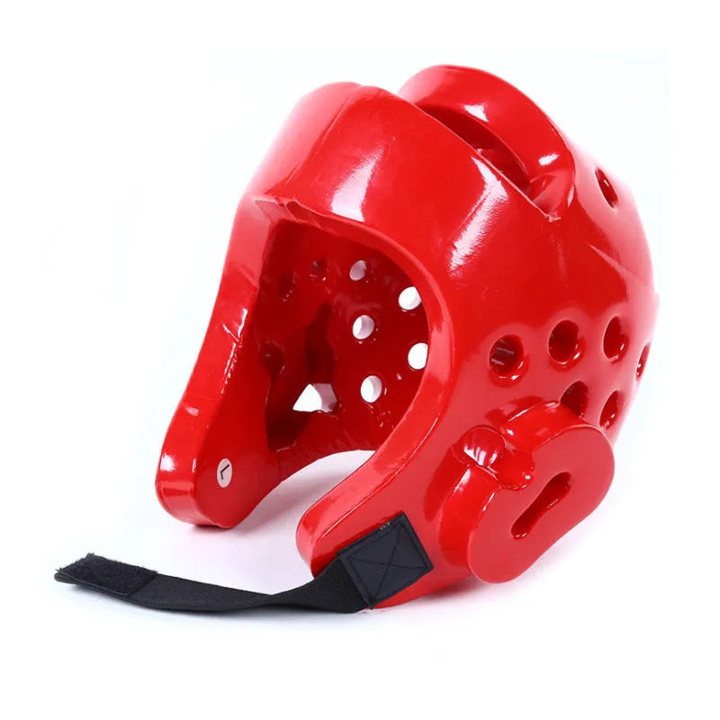 Karate taekwondo protective gear set with leg guard, helmet, boxing gloves in red or blue