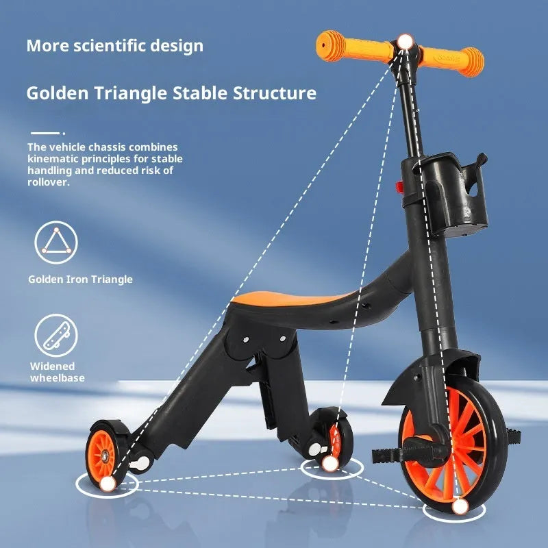 Multifunctional eight-in-one baby plastic scooter with push handle in blue skateboard option