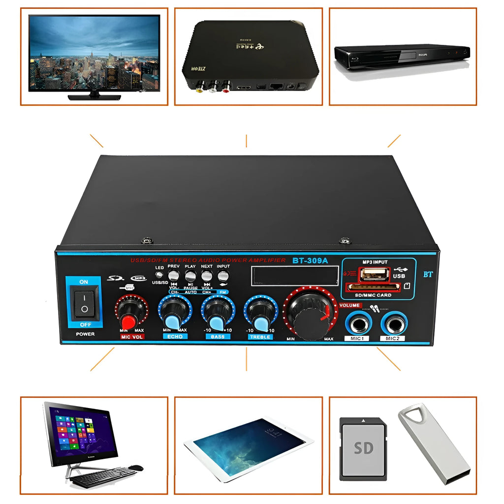 BT-309A-A black Bluetooth amplifier with recording function for home and car use