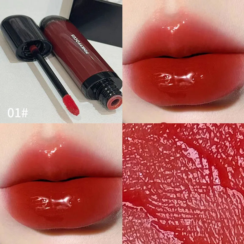 Black Shiny Makeup Mirror Lip Lacquer tube showing six colour options including tomato, orange brown, brown, rose, red, and sweet potato shades