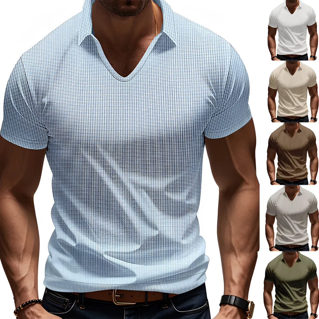 Men's loose casual V-neck short sleeve t-shirt in a light solid colour.