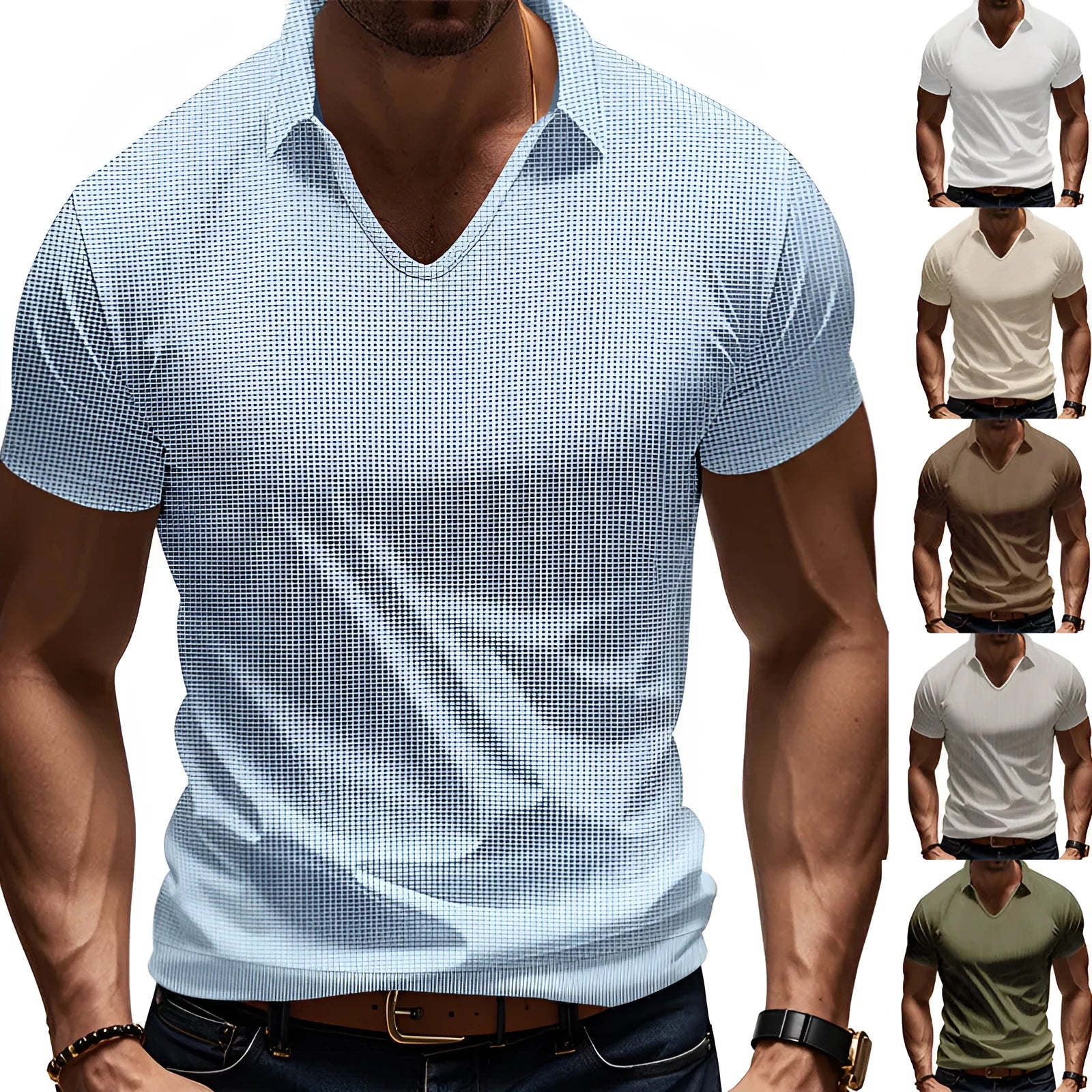 Men's loose casual V-neck short sleeve t-shirt in a light solid colour.