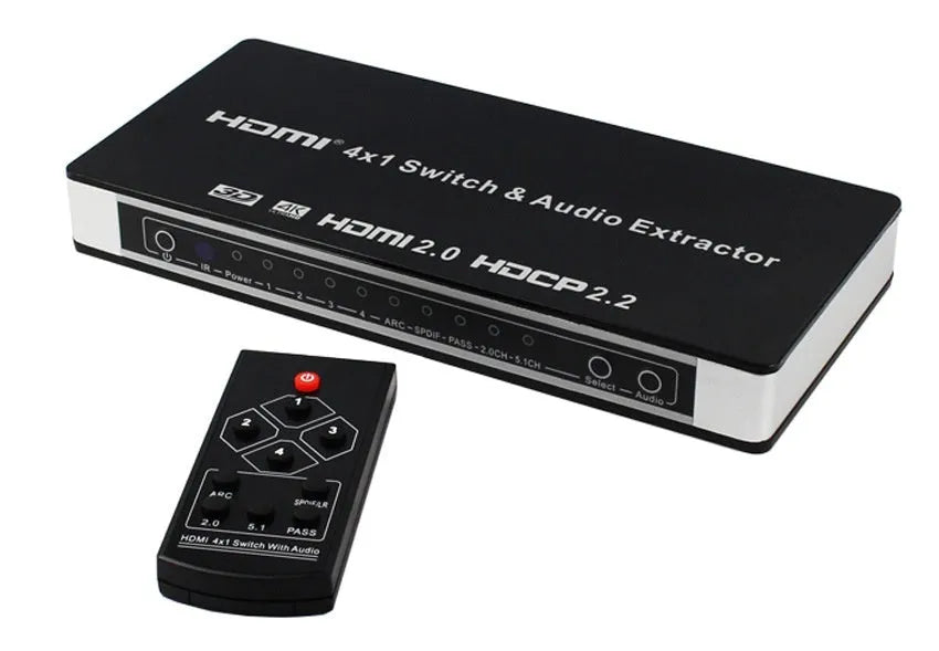 Black HDMI switch unit with four input ports, one output port, remote control, and UK plug power adapter.